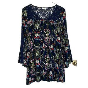 Entro Anthropologie Tunic sz S V Neck Trumpet Sleeve Dark Floral Fairy Lace